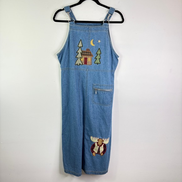 Vintage Christopher & Banks Denim Moose Cabin Moon Trees Overall Dress Size 8 - Picture 2 of 12